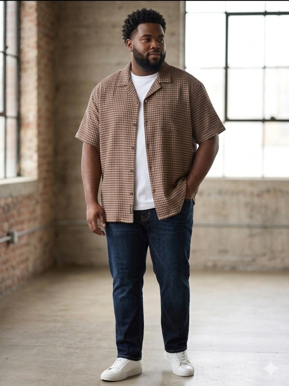 Short-Sleeve Brown Houndstooth Button Down Shirt